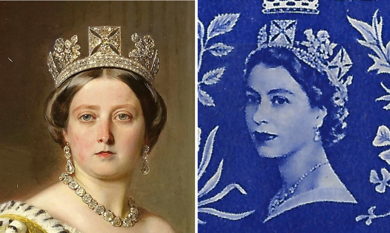 Le regine Vittoria ed Elisabetta II, immagini stampate su francobolli