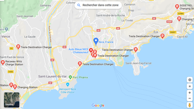 Stazioni di ricarica auto elettriche nei pressi di Nizza, Google Maps