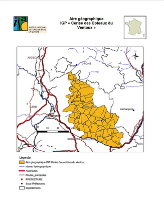 Zona di produzione della Cerise des Coteaux du Ventoux IGP © Institut National de l’Origine et de la Qualité